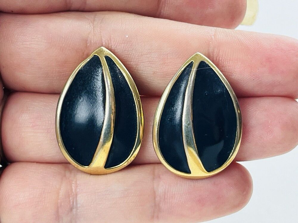 Vintage Napier Art Deco Black Gold Tone Earrings Pierced Teardrop Enamel Thick h